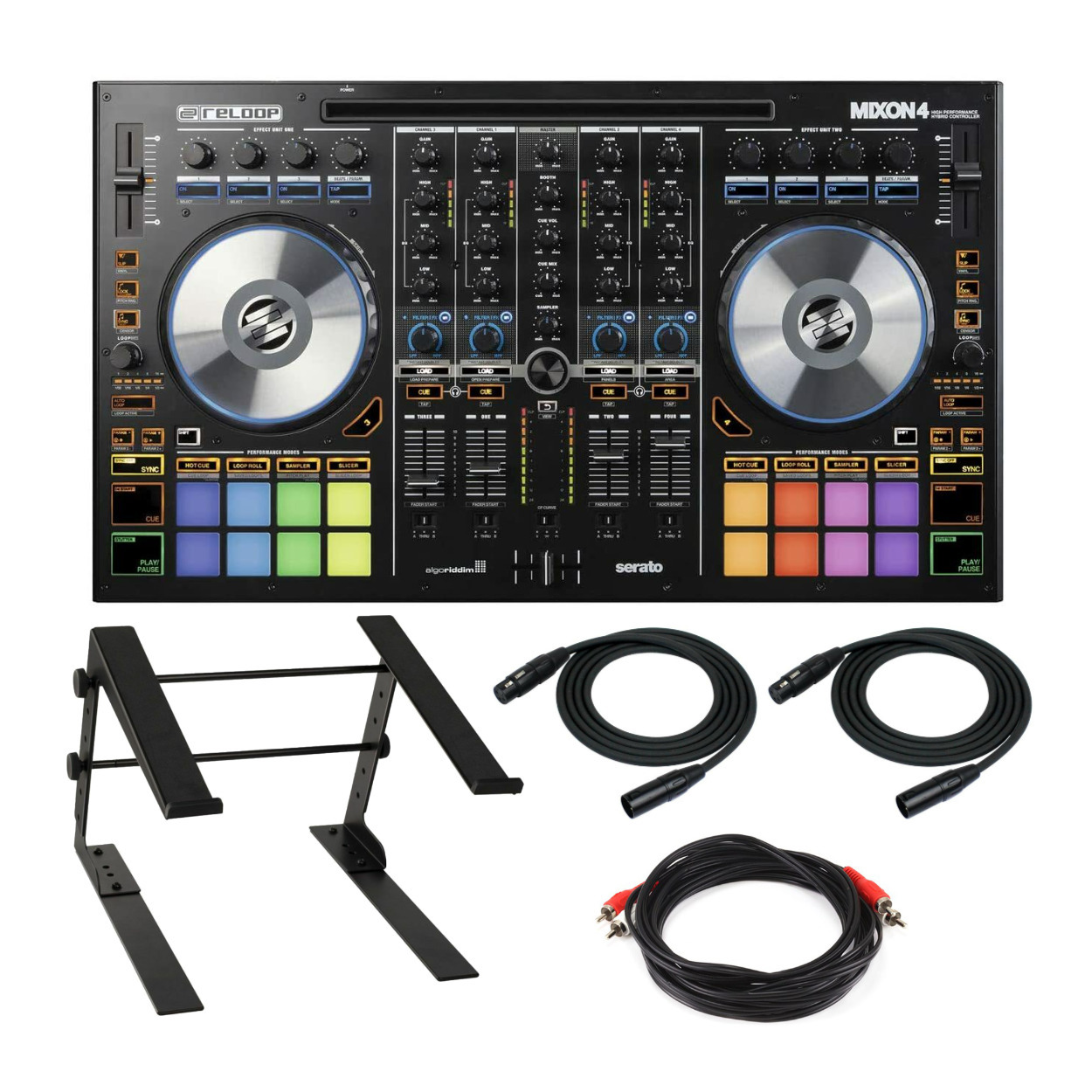 RELOOP Reloop Mixon 4 DJ Controller with Laptop Stand, XLR Cables, and