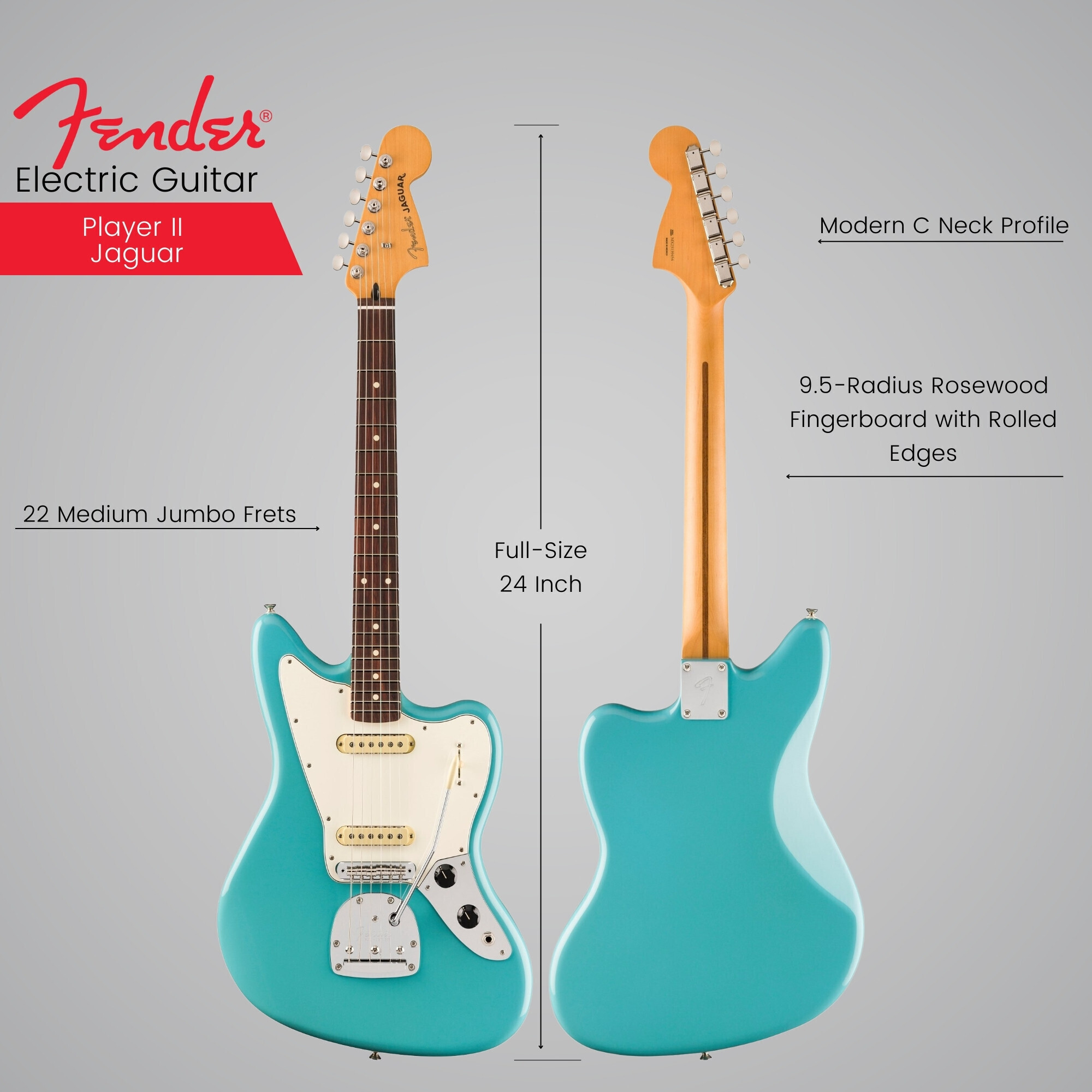 Fender Player II Jaguar Electric Guitar Humbucker Tone (Aquatone