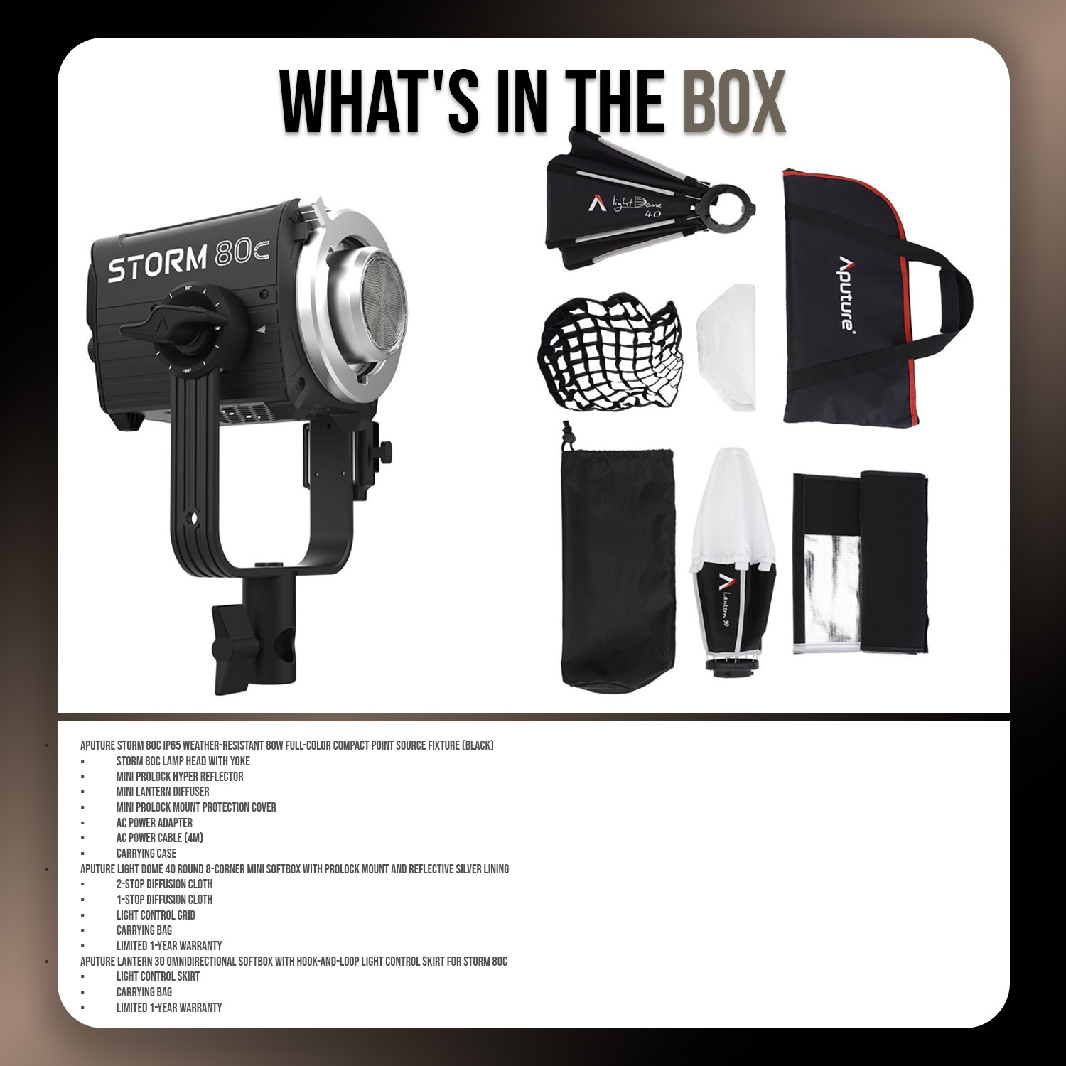 Aputure STORM 80c Point Source Fixture Light Dome 40 Softbox 