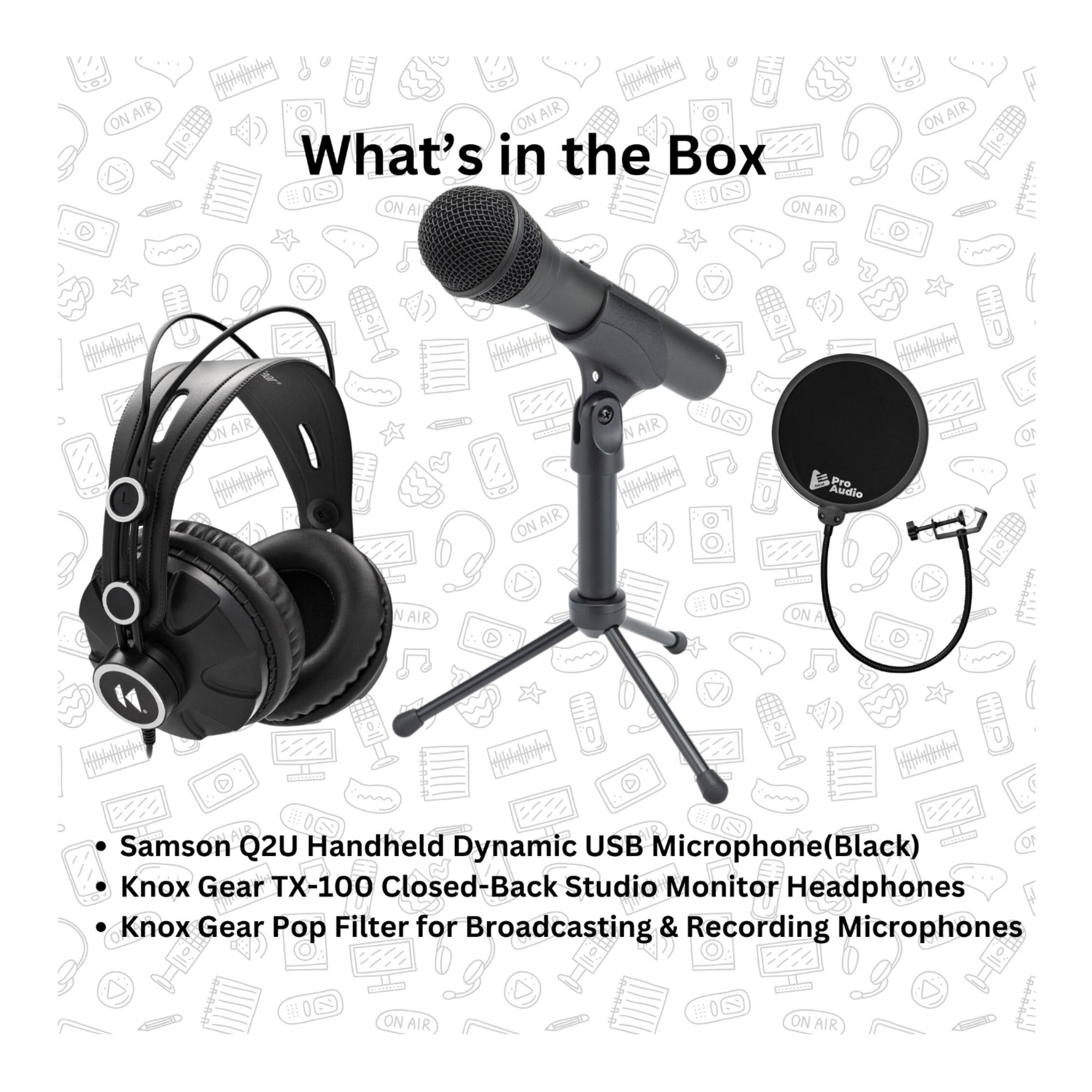 Samson Q2U Handheld Dynamic USB Microphone Pop Filter Headphones