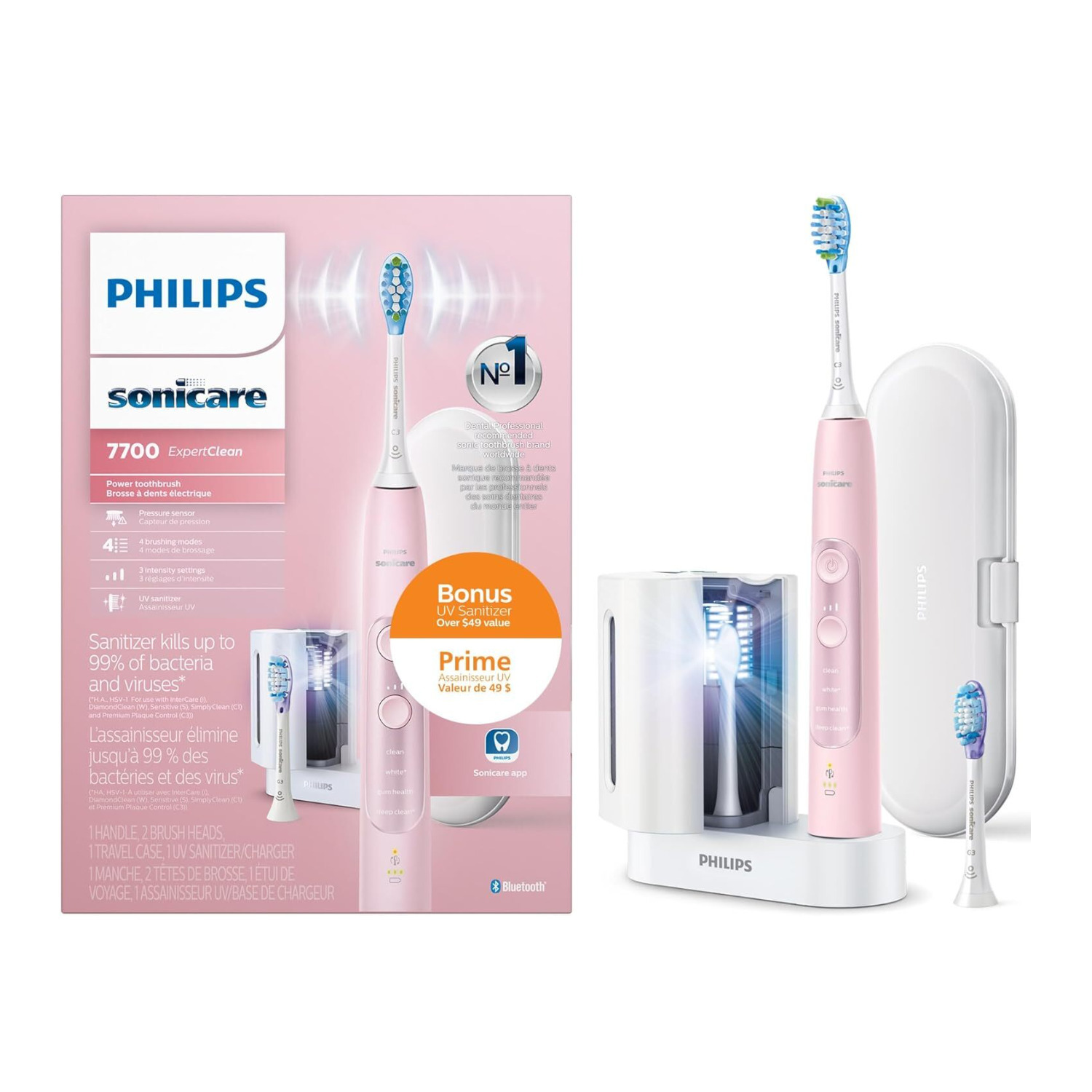 PHILIPS Sonicare ExpertClean ピンク 替ブラシ5本付 Philips Sonicare ExpertClean 7700 Electric Toothbrush with UV